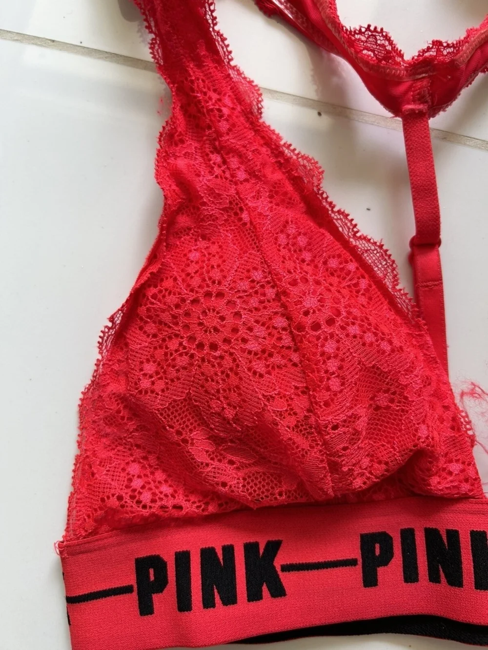 PINK Victoria's Secret Red Lace Halter Bralette with Branded Underband